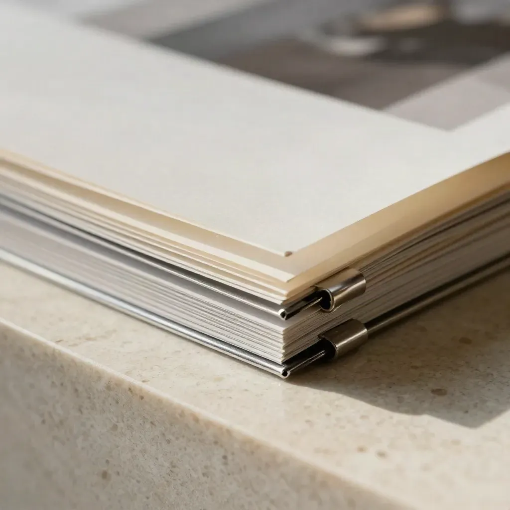 Macro of translucent sheets, metal spine, and connector pieces on pale travertine.