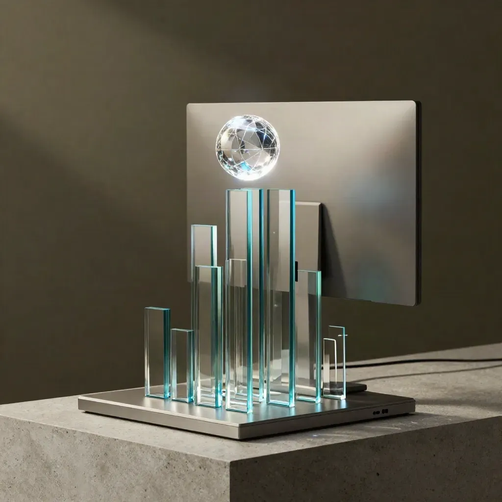 Glass analytics bars, data orb, and monitor slab on a concrete plinth with blue rim light.