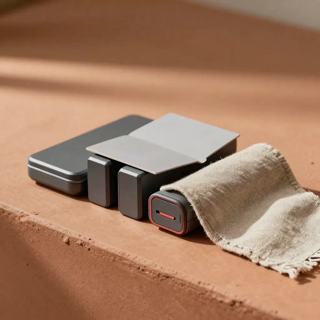 Matte launch bundle modules with a folded card and linen wrap on terracotta clay.