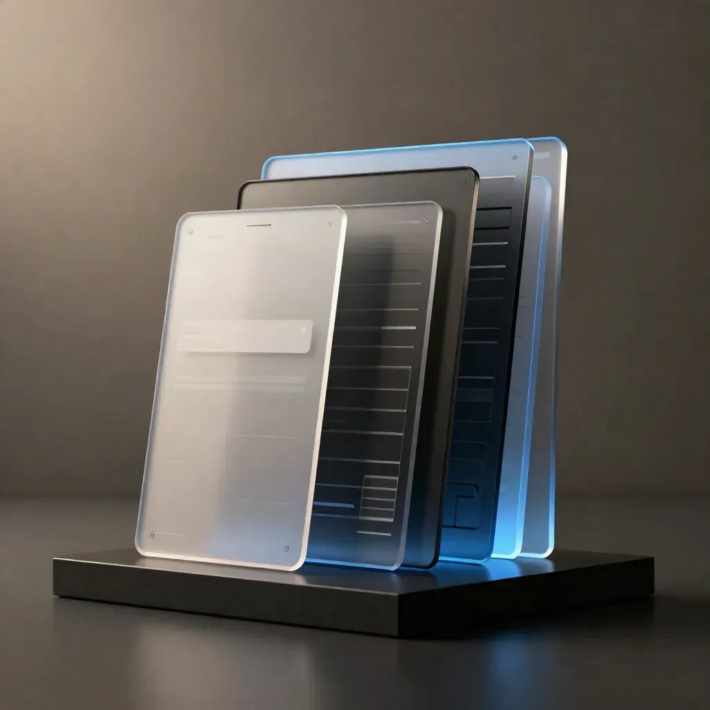 Luminous frosted launch modules surge in blue light over a matte-black studio surface.