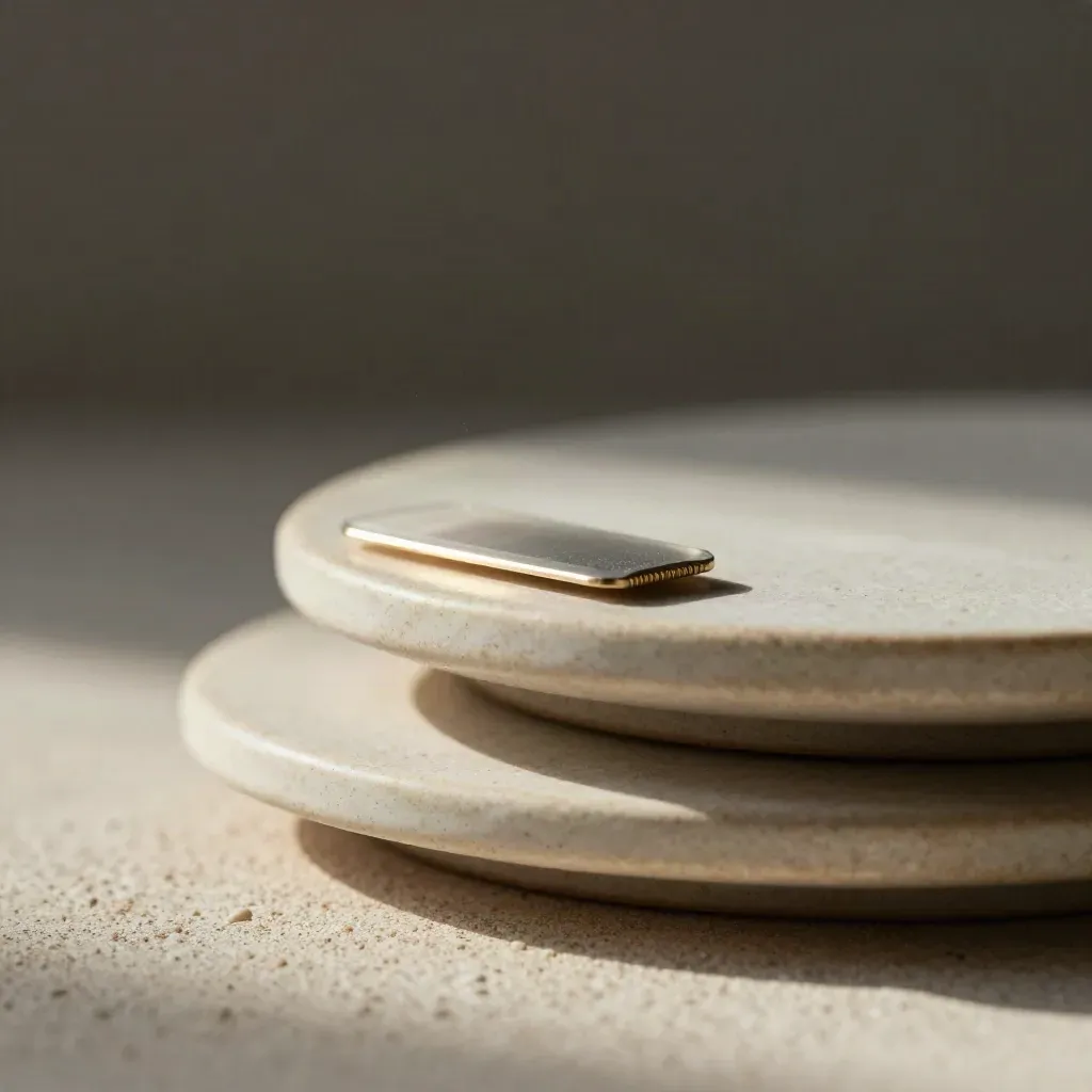 Macro ceramic module with translucent face and chip on travertine, dramatic rim light