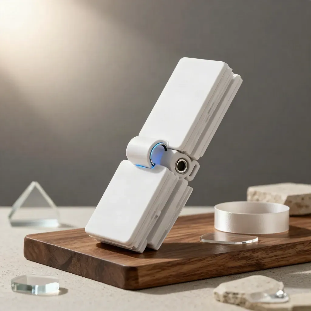 White modular referral-link stack with clear tabs and ring connector on warm walnut stone.