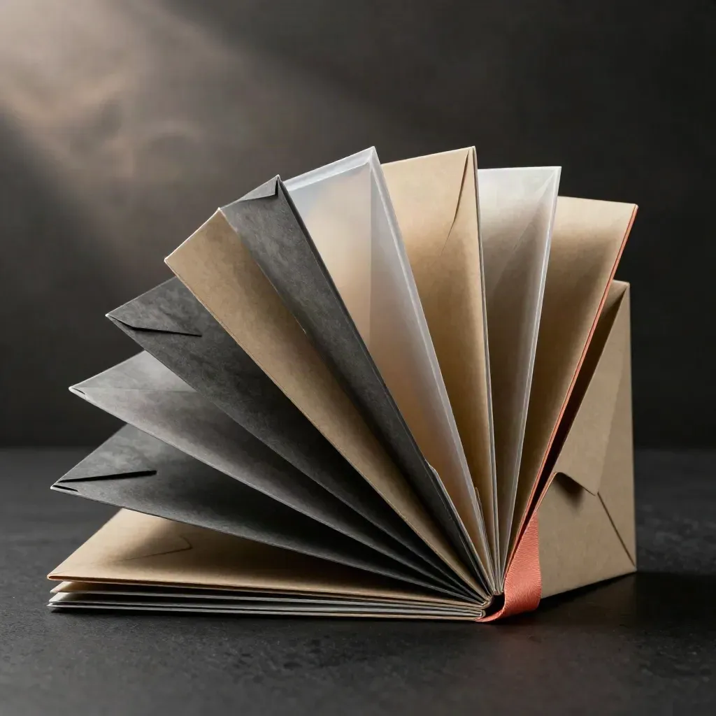 Slender folded panels and a translucent envelope form burst on a matte-black surface with coral light.
