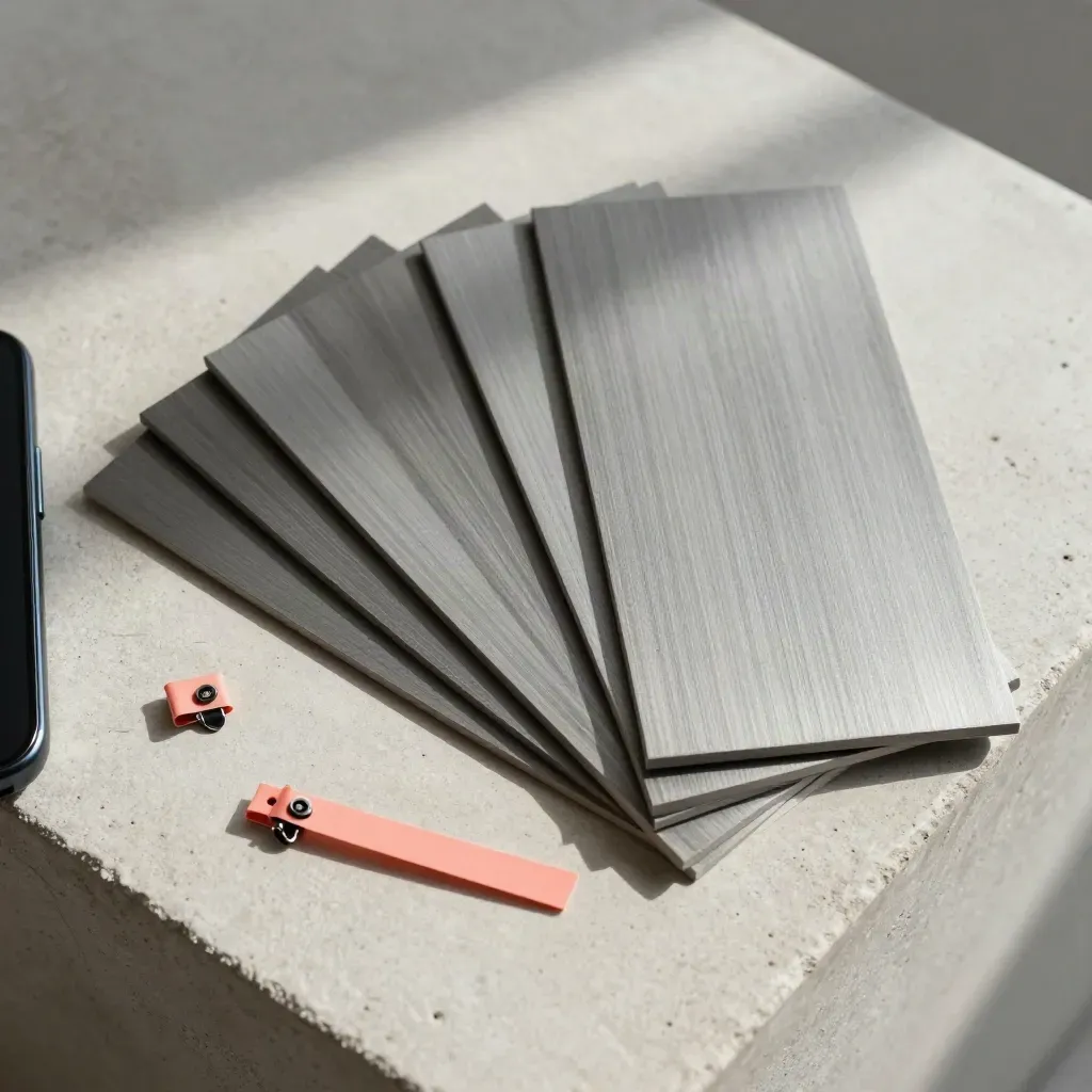 Overhead flatlay of a social share kit with tiles, phone edge, and coral paper markers on concrete.